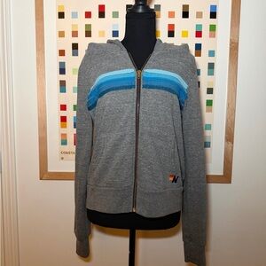 Aviator Nation 5 Stripe Full Zip Hoodie in Heather Grey with Blue Stripes